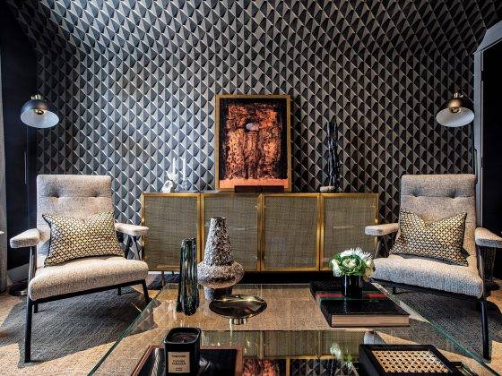 Interior of living room showing wallpaper application