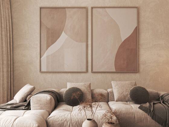 Contemporary classic white beige livingroom interior with two picture frame, wooden table and decor dry plant. Empty stucco wall mockup. 3d rendering. High quality 3d illustration.